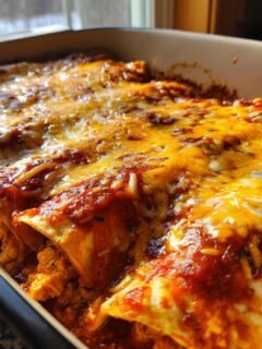 Nahaufnahme von gebackenen Chicken Enchiladas in einer Auflaufform, bedeckt mit roter Sauce und geschmolzenem Cheddar-Käse.