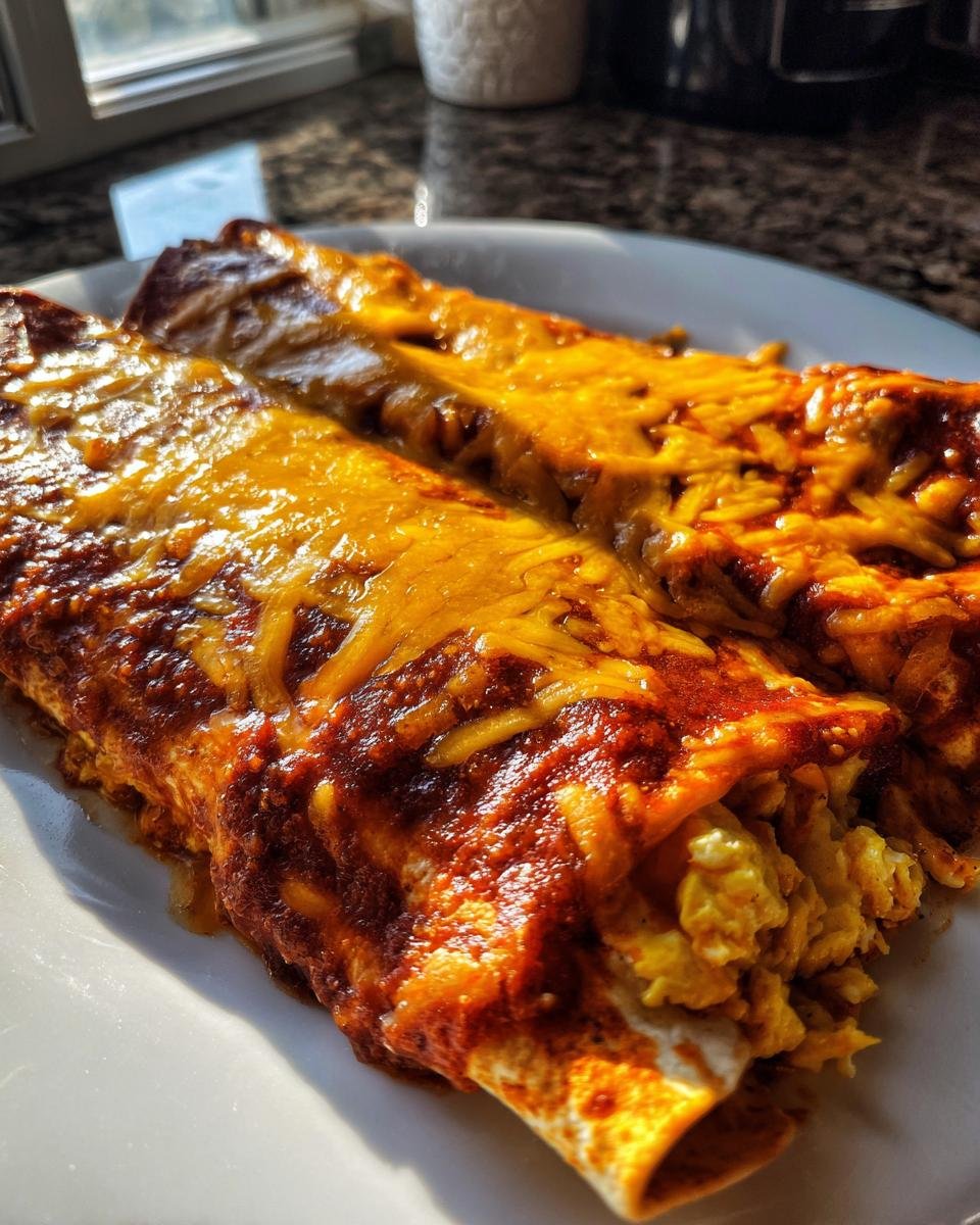 Nahaufnahme von zwei Fr&uuml;hst&uuml;cks-Enchiladas mit roter Sauce und reichlich geschmolzenem Cheddar-K&auml;se.