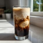Nahaufnahme eines Cappuccino Ice Cream Float mit schaumiger Kr&ouml;nung und schmelzendem Vanilleeis im Glas.