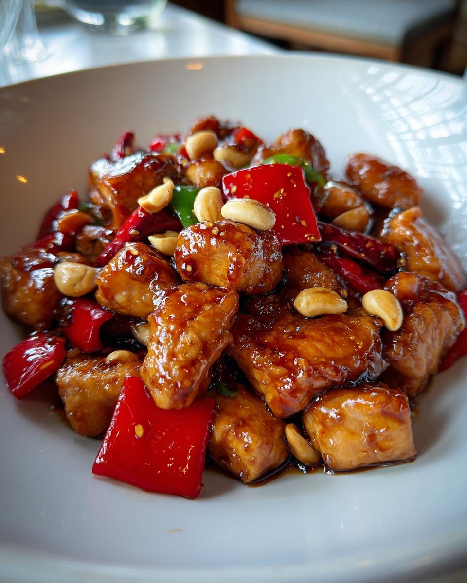 Nahaufnahme von saftigem Easy Kung Pao Chicken mit Erdn&uuml;ssen und roter Paprika in einer wei&szlig;en Schale.