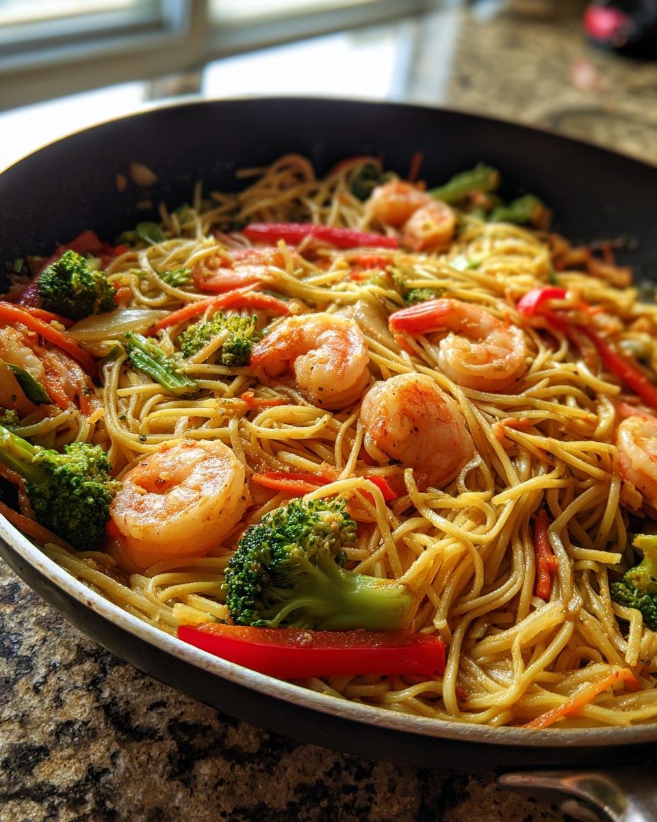 Nahaufnahme von fertigem Shrimp Lo Mein mit Garnelen, Brokkoli und Paprika in einer dunklen Pfanne.