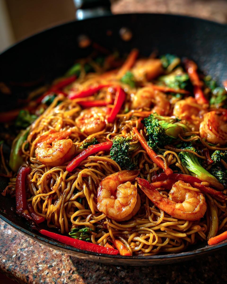 Nahaufnahme von fertigem Shrimp Lo Mein mit Garnelen, Nudeln und viel Gem&uuml;se in einem Wok.