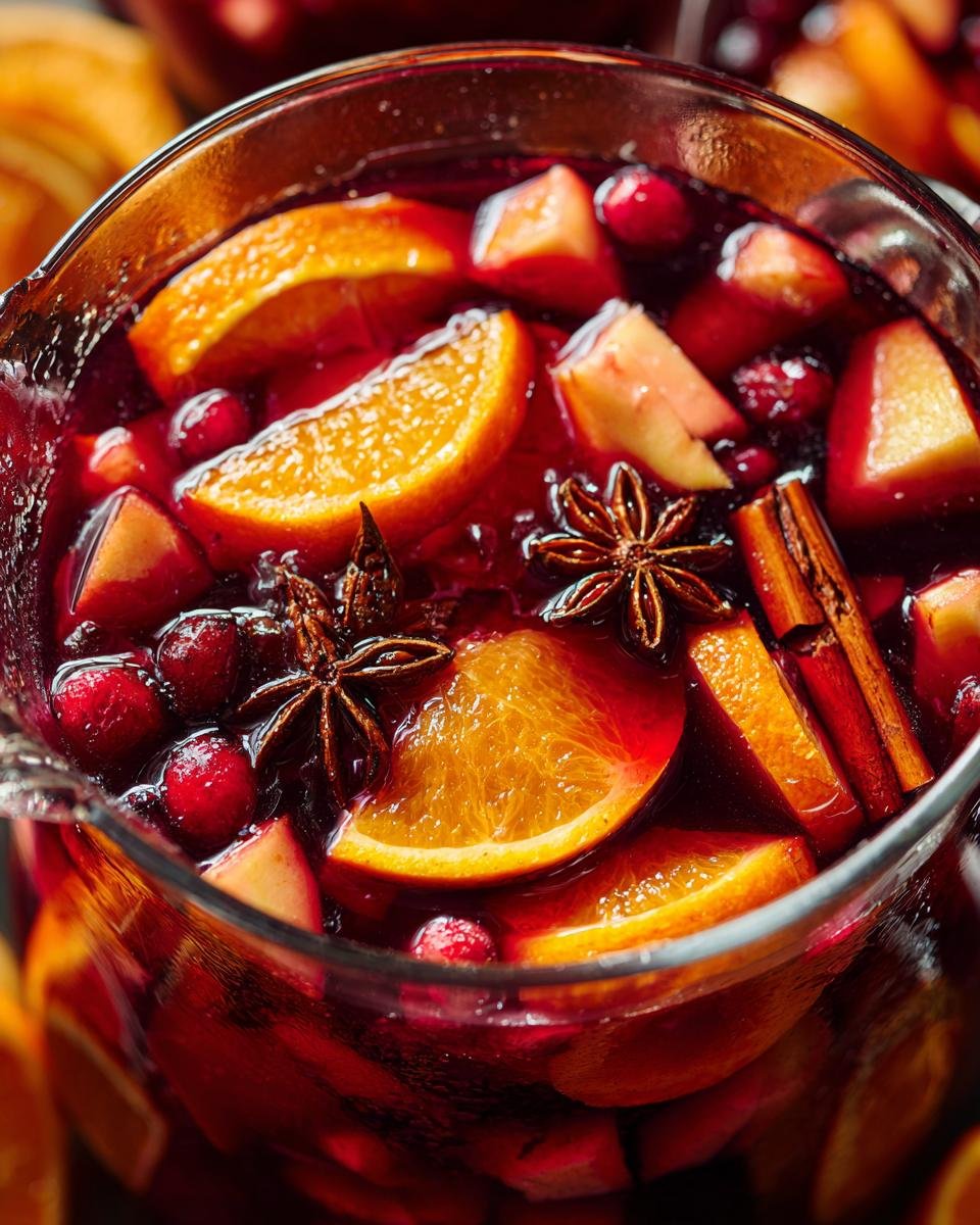 Nahaufnahme einer Glaskaraffe gef&uuml;llt mit Festliche Christmas Sangria, Orangenst&uuml;cken, Cranberrys und Sternanis.