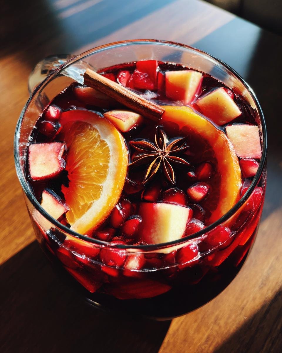 Nahaufnahme der Festive Christmas Sangria mit Orangenscheiben, Apfelst&uuml;cken, Granatapfelkernen und Gew&uuml;rzen.