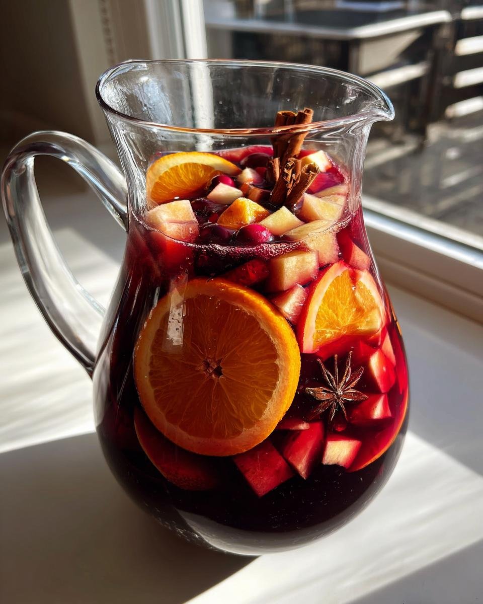 Glaskrug gef&uuml;llt mit Festive Christmas Sangria, Orangen, &Auml;pfeln, Zimtstangen und Sternanis.