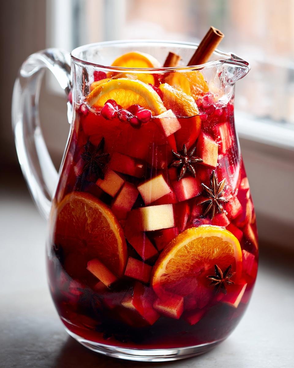 Nahaufnahme einer Karaffe mit Festive Christmas Sangria, gef&uuml;llt mit Orangen, &Auml;pfeln, Granatapfelkernen und Sternanis.