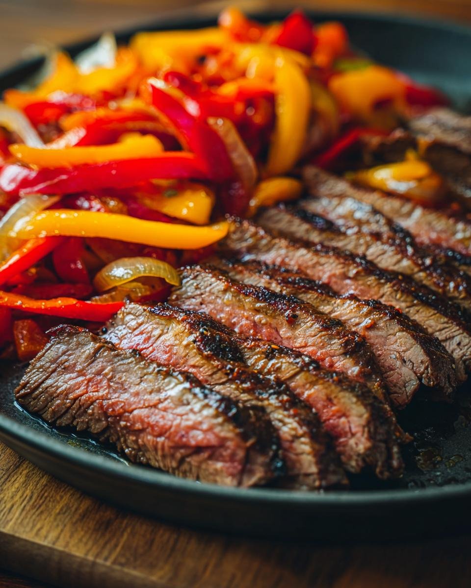 Nahaufnahme von in Scheiben geschnittenem, medium gegartem Flank Steak Peperonata mit gebratenen Paprika und Zwiebeln.