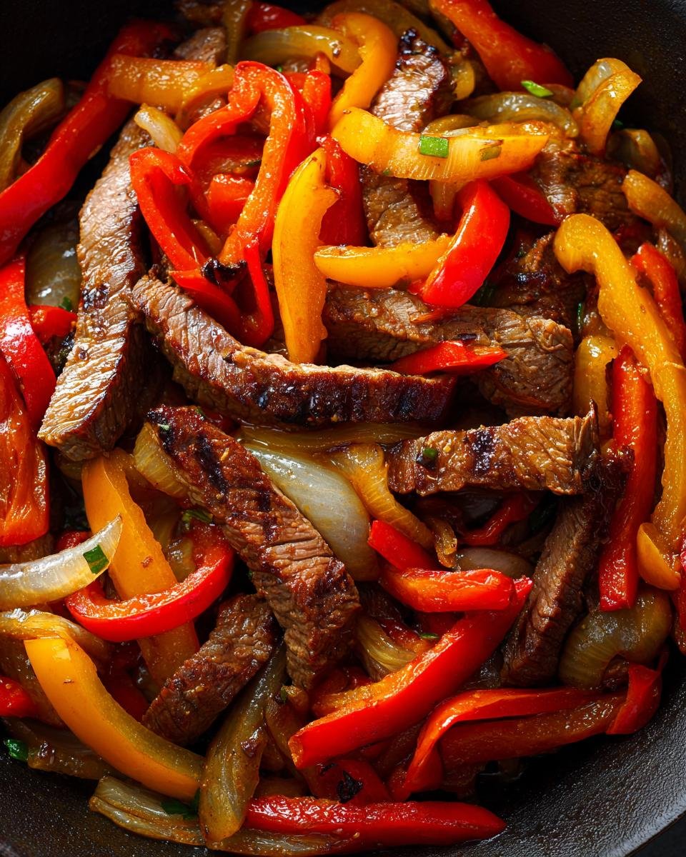 Gebratenes Flank Steak Peperonata mit Streifen von roter und gelber Paprika und Zwiebeln.