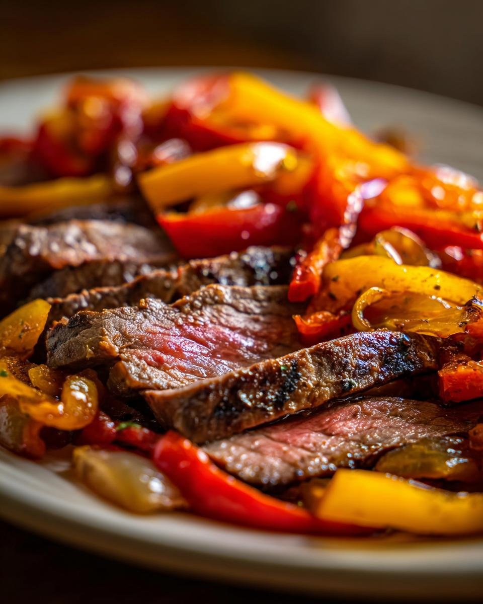 Aufgeschnittenes, saftiges Flank Steak Peperonata mit gebratenen roten und gelben Paprika.