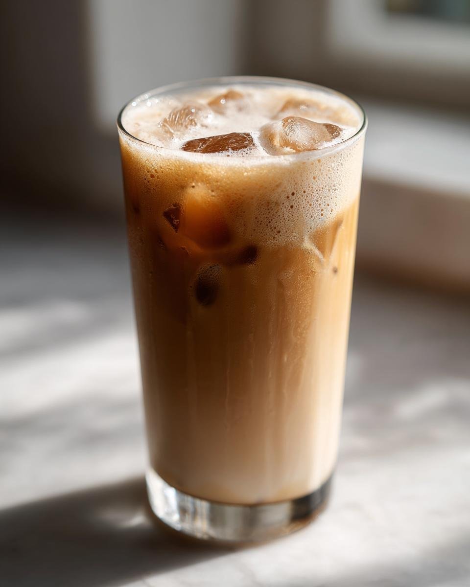 Nahaufnahme eines hohen Glases mit einem cremigen Frapp&eacute;, gef&uuml;llt mit Eisw&uuml;rfeln und Schaum.