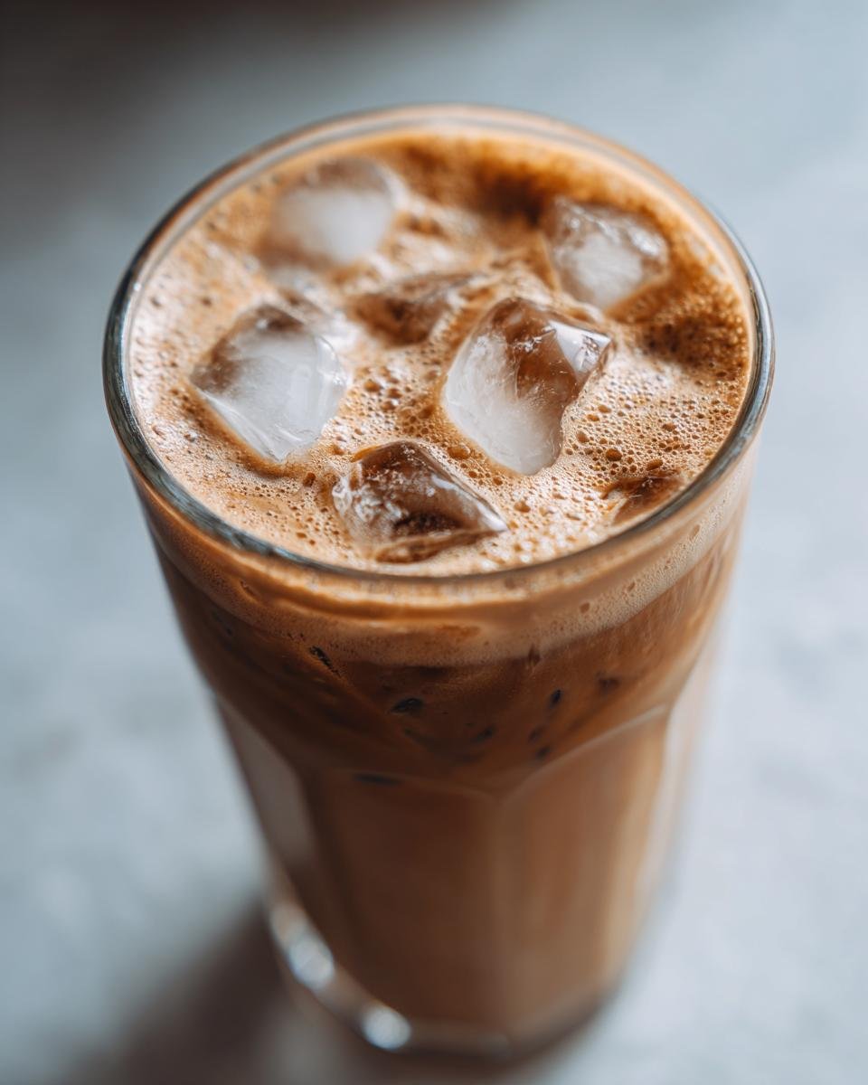 Nahaufnahme eines k&uuml;hlen Frapp&eacute; mit cremigem Schaum und gro&szlig;en Eisw&uuml;rfeln im Glas.