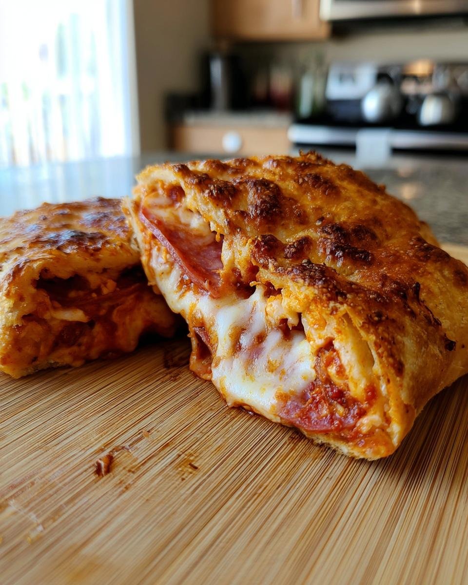 Aufgeschnittenes Fried Pizza Sandwich mit geschmolzenem K&auml;se und Peperoni auf einem Holzbrett.