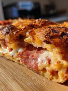 Nahaufnahme eines aufgeschnittenen Fried Pizza Sandwiches mit geschmolzenem Käse und Salami.