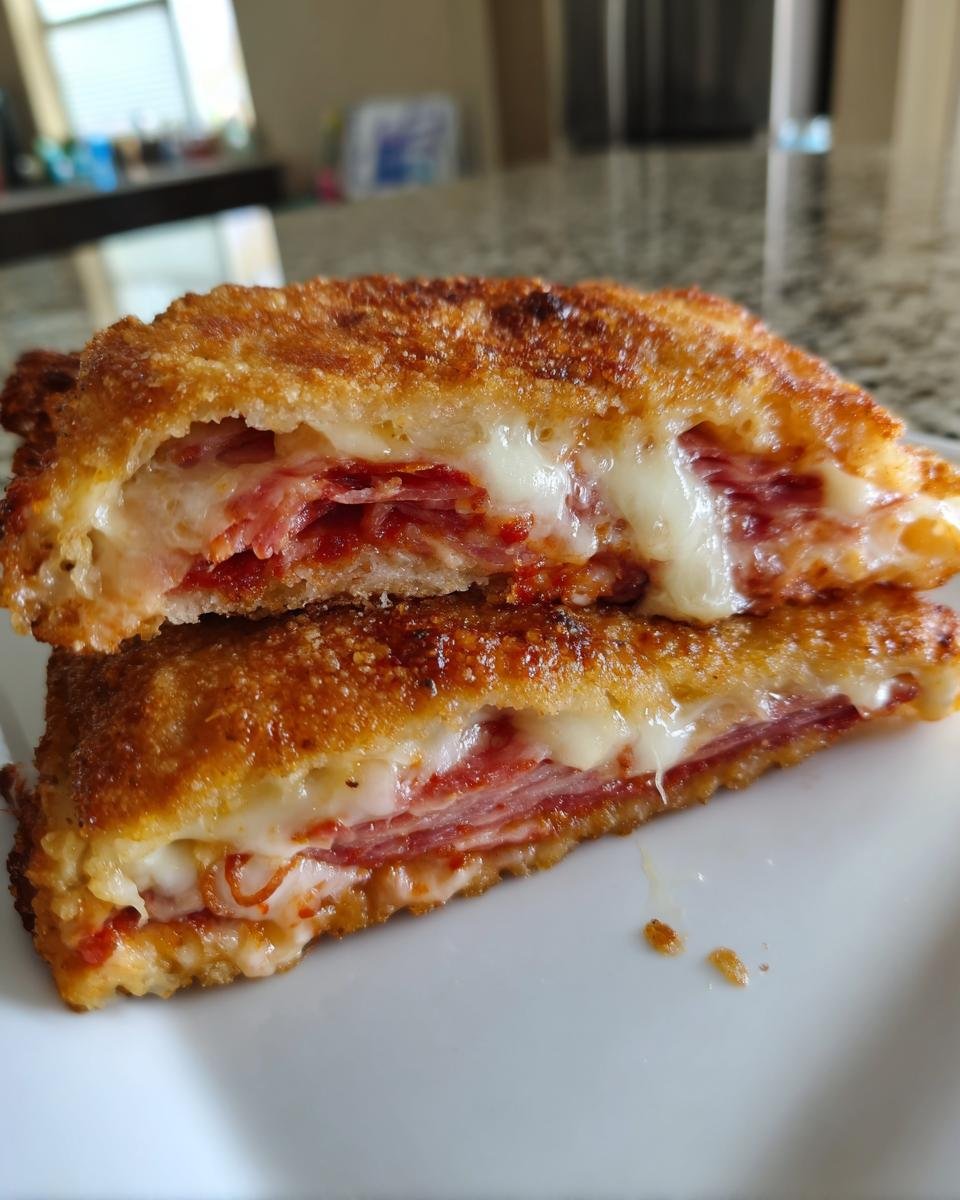 Nahaufnahme von zwei H&auml;lften Fried Pizza Sandwiches, die innen mit geschmolzenem K&auml;se und Salami gef&uuml;llt sind.