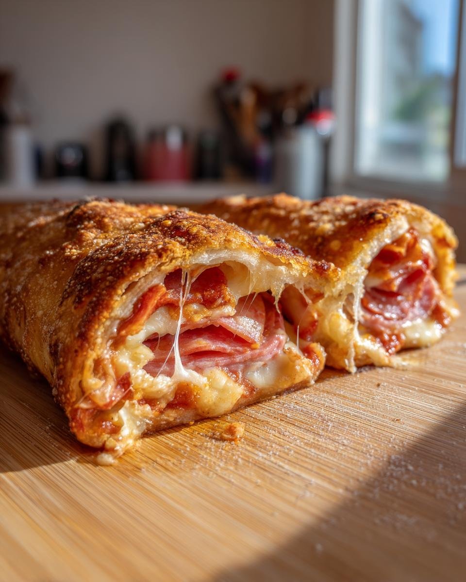 Nahaufnahme von zwei H&auml;lften von Fried Pizza Sandwiches mit geschmolzenem K&auml;se und Salami.