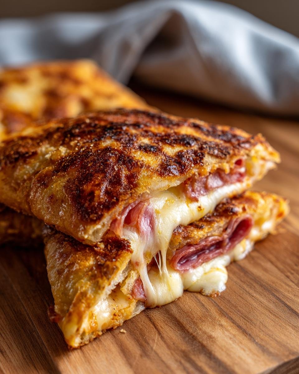 Nahaufnahme von aufgeschnittenen Fried Pizza Sandwiches mit geschmolzenem K&auml;se und Wurst.