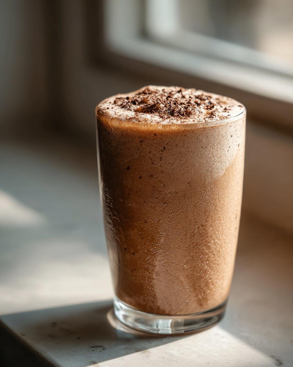 Ein Glas mit cremigem Frozen Chocolate Brandy Alexander, garniert mit Schokostreuseln.