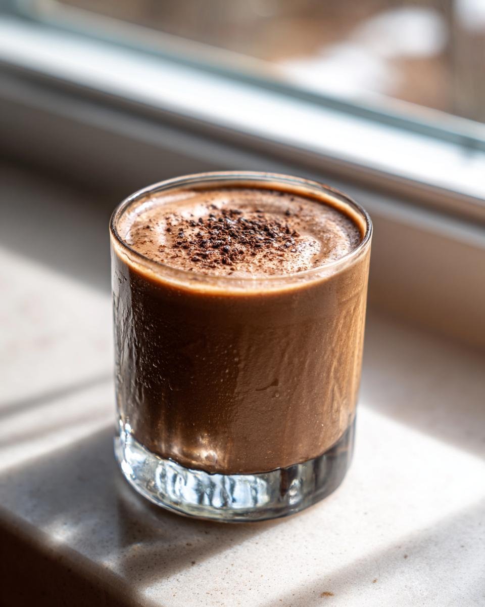 Ein Glas Frozen Chocolate Brandy Alexander, garniert mit Kakaopulver, steht im Sonnenlicht.