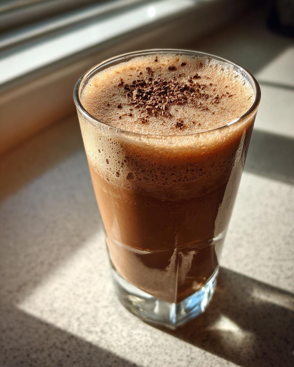 Ein Glas Frozen Chocolate Brandy Alexander mit Schaumkrone und Schokostreuseln im Sonnenlicht.