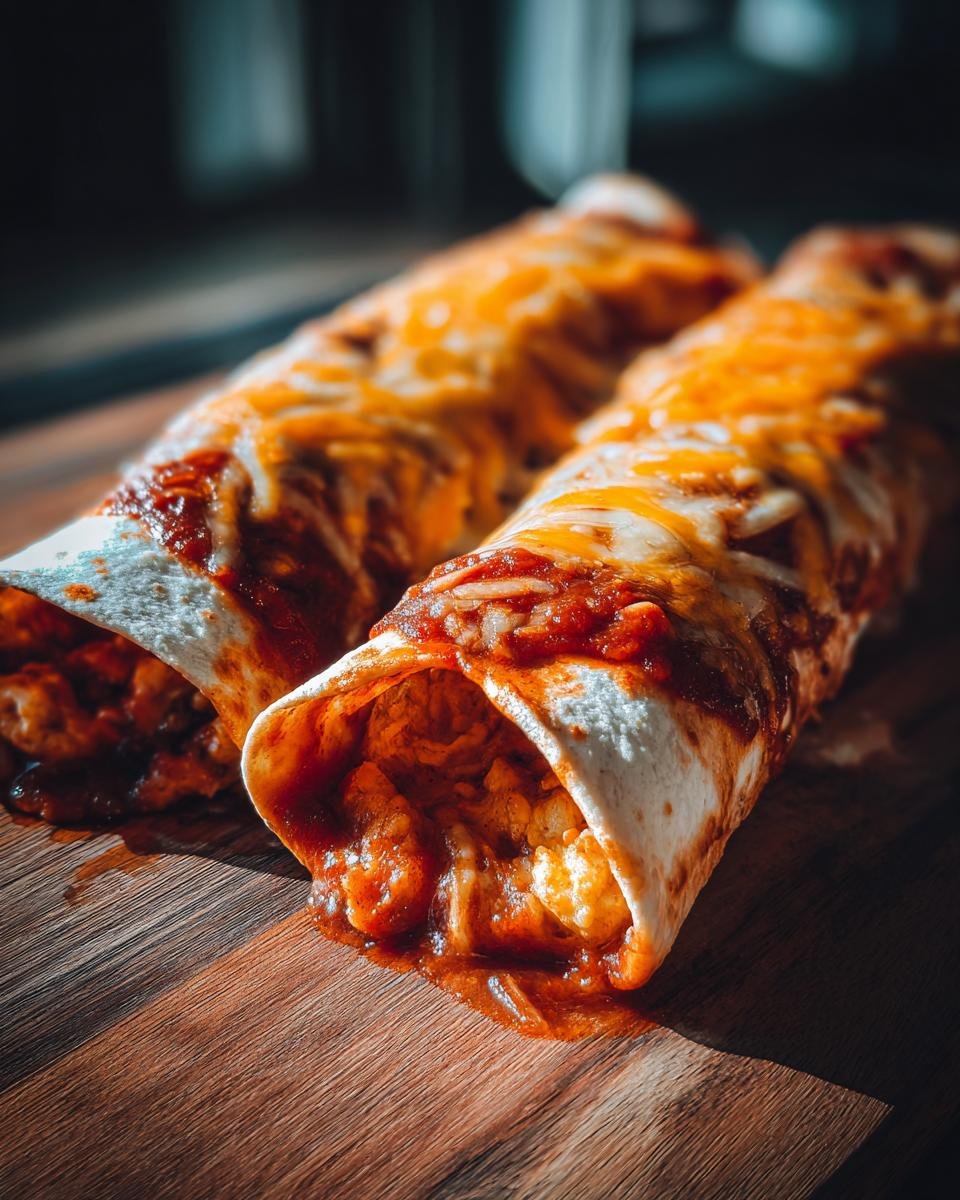Zwei fertige Fr&uuml;hst&uuml;cks-Enchiladas mit roter Sauce und geschmolzenem K&auml;se auf einem Holzbrett.
