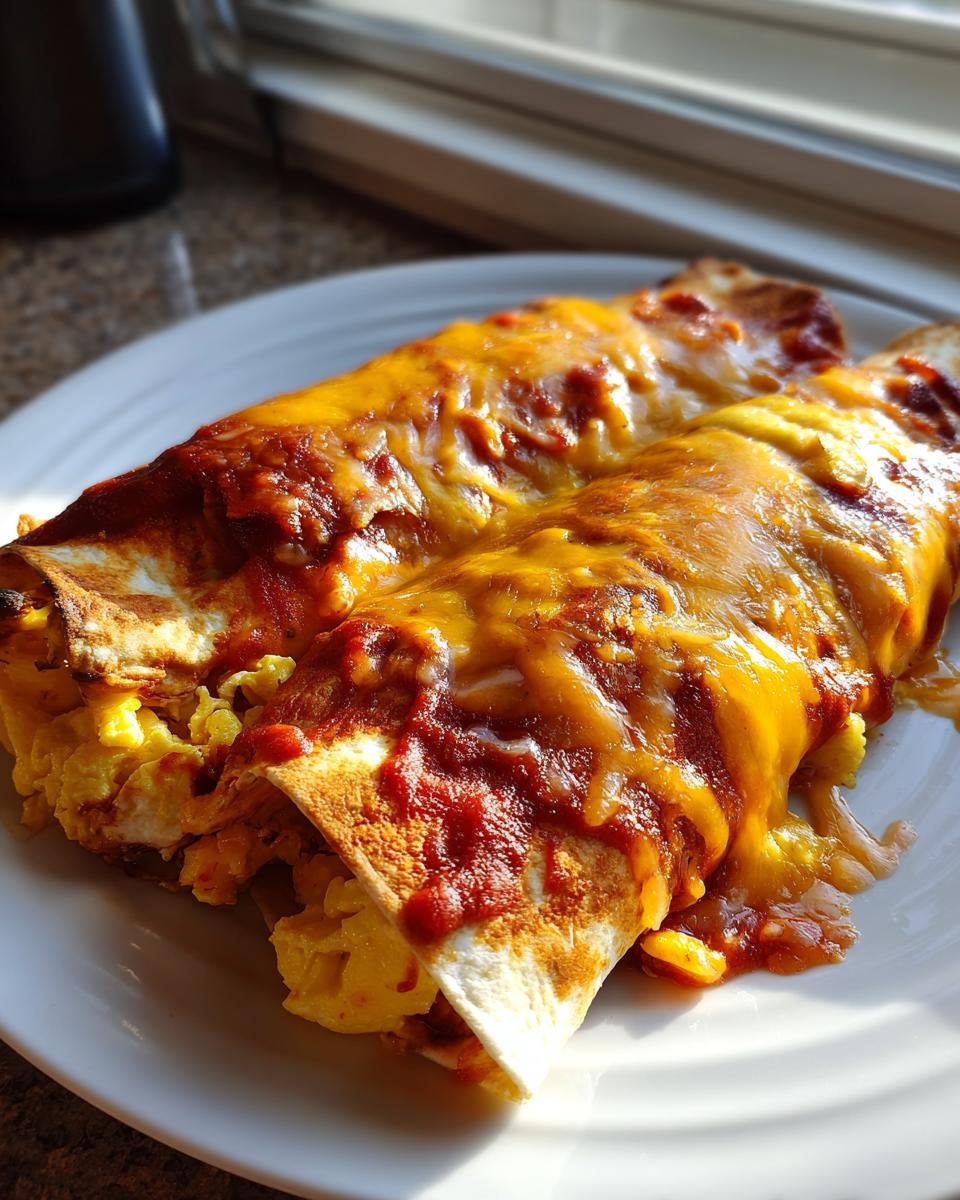 Zwei &uuml;berbackene Fr&uuml;hst&uuml;cks-Enchiladas mit R&uuml;hrei und geschmolzenem K&auml;se auf einem wei&szlig;en Teller.