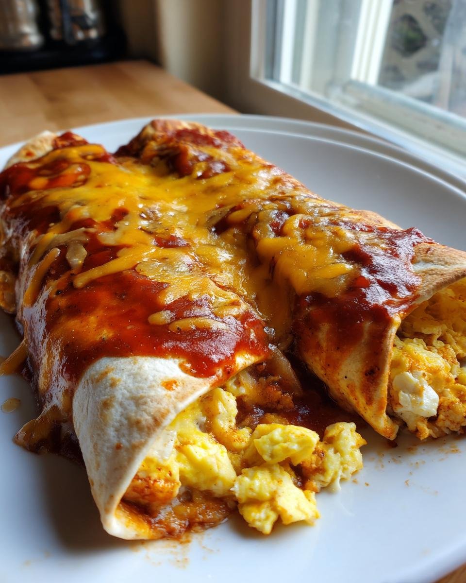 Zwei &uuml;berbackene Fr&uuml;hst&uuml;cks-Enchiladas mit R&uuml;hrei und geschmolzenem K&auml;se auf einem wei&szlig;en Teller.