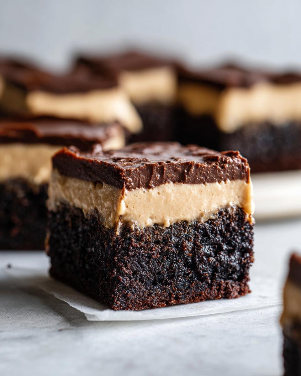 Nahaufnahme eines Fudge Brownies mit Baileys Buttercreme Frosting und Schokoladenglasur.