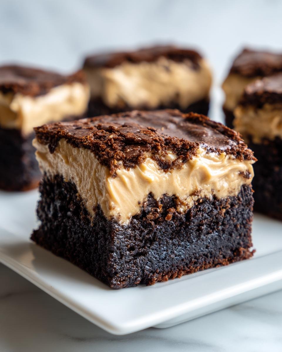 Nahaufnahme eines Fudge Brownies mit Baileys Buttercreme Frosting auf einem wei&szlig;en Teller.