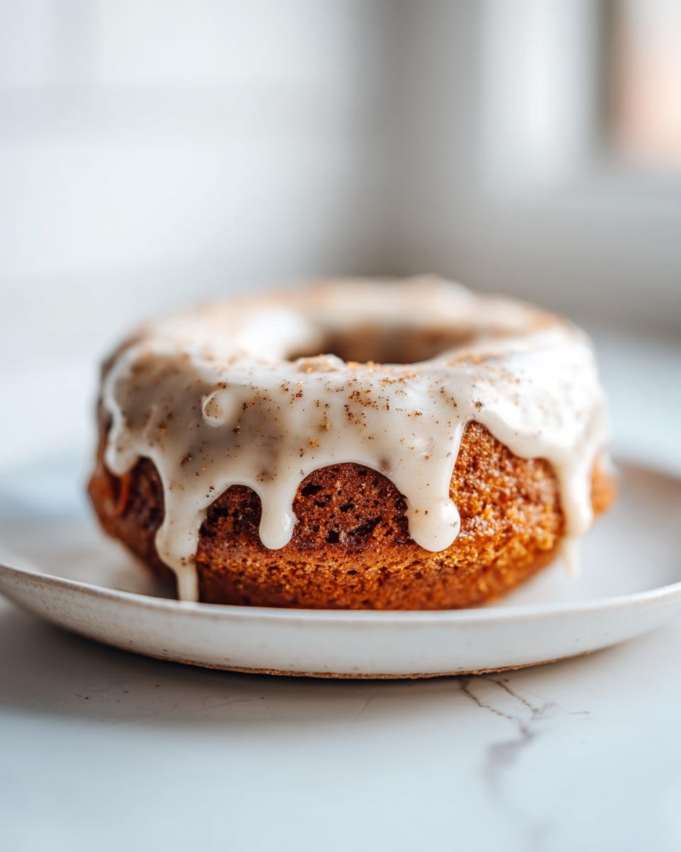 Ein einzelner gebackener Zimt-Donut mit dicker, wei&szlig;er Vanilleglasur, bestreut mit Zimt, auf einem kleinen Teller.
