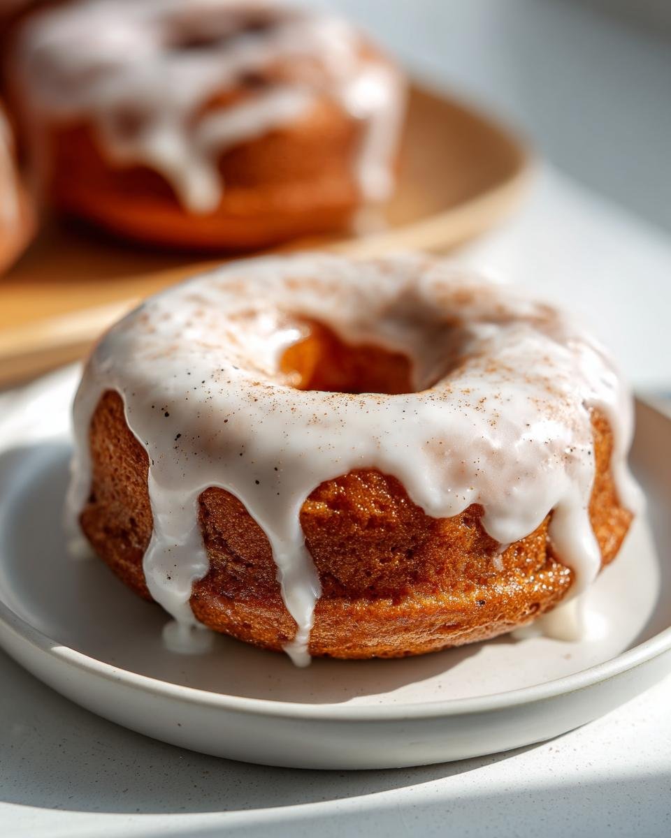 Nahaufnahme eines gebackenen Zimt-Donuts mit dicker, wei&szlig;er Vanilleglasur, bestreut mit Zimt.