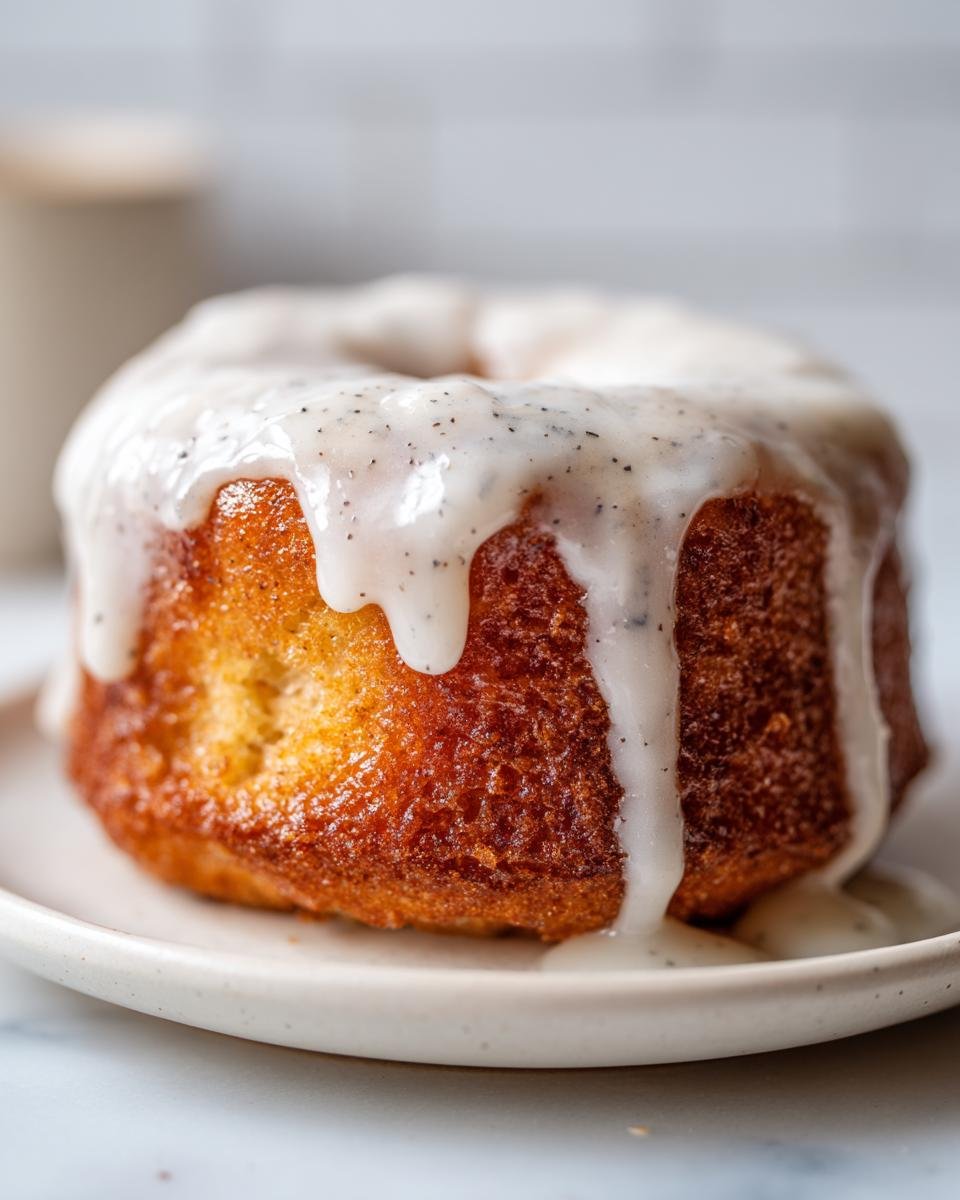 Nahaufnahme eines gebackenen Zimt-Donuts mit dicker, tropfender Vanilleglasur.