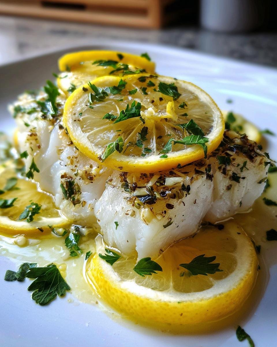Nahaufnahme von gebackenem Kabeljau, garniert mit Zitronenscheiben und frischer Petersilie.