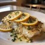 Nahaufnahme von gebackenem Kabeljau mit Zitronenscheiben und Petersilie, ein Beispiel f&uuml;r The Best Baked Cod.