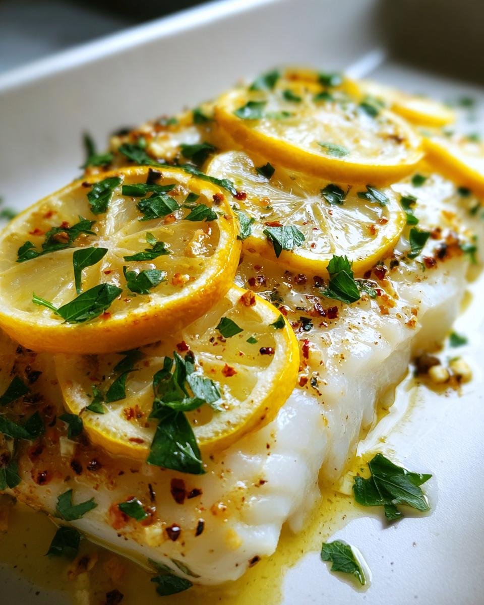 Nahaufnahme von gebackenem Kabeljau, belegt mit Zitronenscheiben, Petersilie und Gew&uuml;rzen.