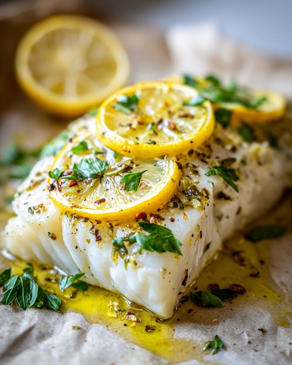 Nahaufnahme von gebackenem Kabeljau, belegt mit Zitronenscheiben und frischen Kr&auml;utern.