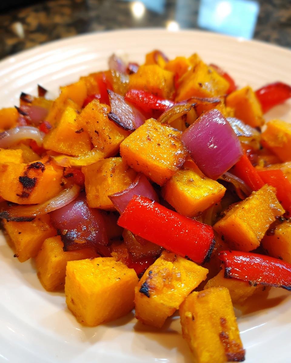 Nahaufnahme von gebratenen S&uuml;&szlig;kartoffelw&uuml;rfeln mit roten Paprika- und roten Zwiebelst&uuml;cken f&uuml;r das Sweet Potato Hash.