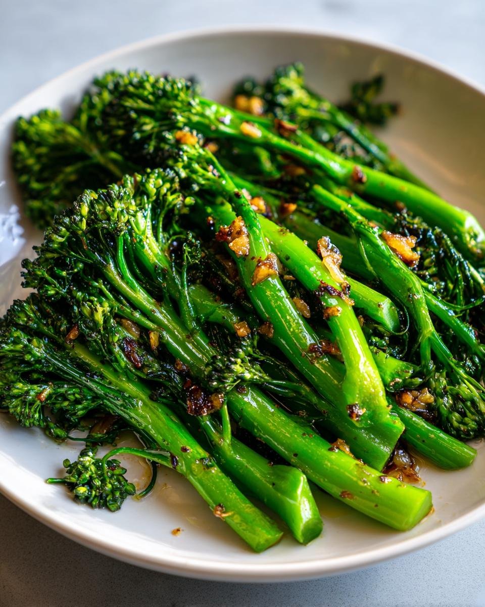Nahaufnahme von leuchtend gr&uuml;nem, gebratenem Knoblauch-Brokkolini auf einem wei&szlig;en Teller.