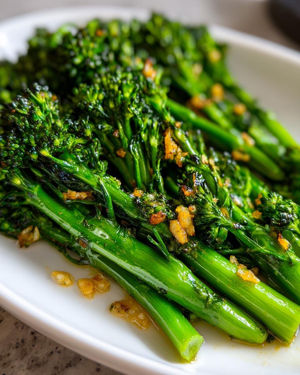 Nahaufnahme von leuchtend gr&uuml;nem, gebratenem Knoblauch-Brokkolini, garniert mit gebr&auml;unten Knoblauchst&uuml;cken.