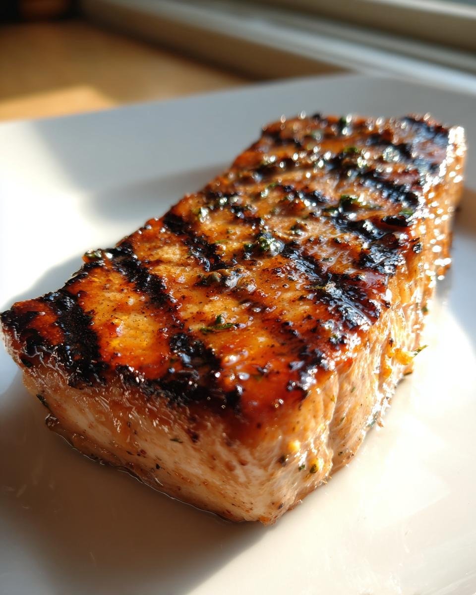 Nahaufnahme eines perfekt gegrillten St&uuml;cks Mahi Mahi mit deutlichen Grillstreifen und Glasur.