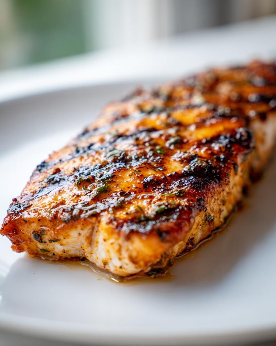 Nahaufnahme eines saftigen St&uuml;cks Gegrillter Mahi Mahi mit deutlichen Grillstreifen und Kr&auml;utermarinade auf einem wei&szlig;en Teller.