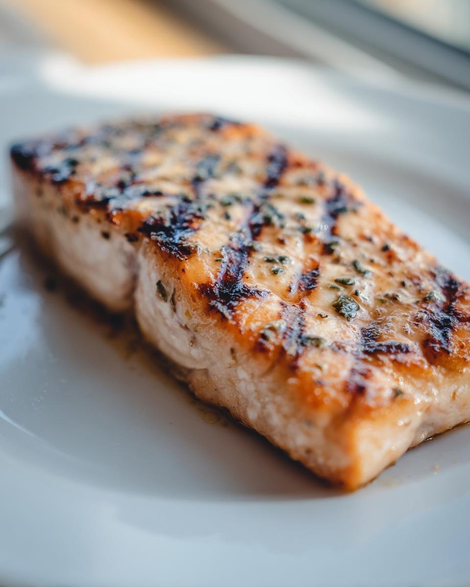 Nahaufnahme von saftigem Gegrillter Mahi Mahi mit deutlichen Grillspuren und Kr&auml;utern.