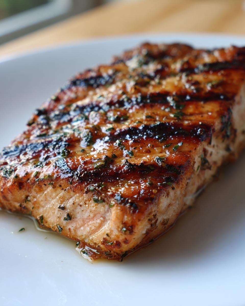 Nahaufnahme eines saftigen St&uuml;cks Gegrillter Mahi Mahi mit deutlichen Grillstreifen und Kr&auml;uter-Marinade auf einem wei&szlig;en Teller.