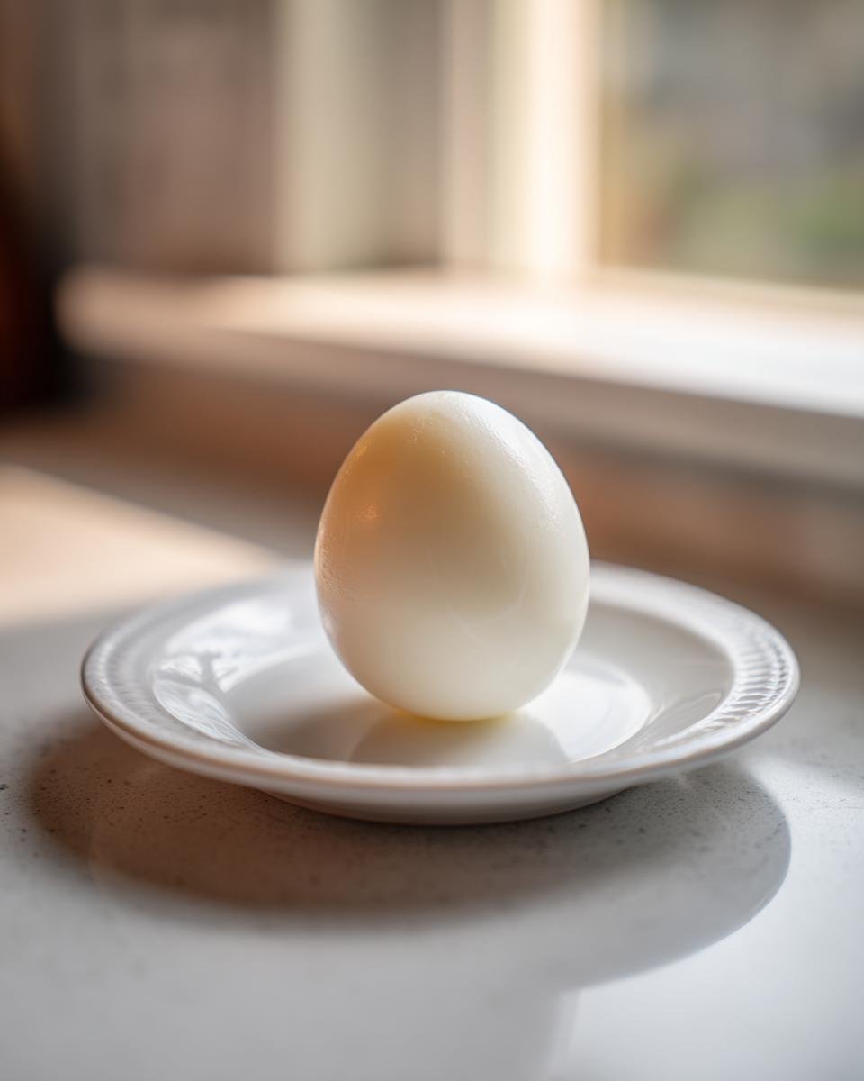 Ein einzelnes, perfekt geschältes Ei steht auf einem kleinen weißen Teller, ideal für perfekte hartgekochte Eier.