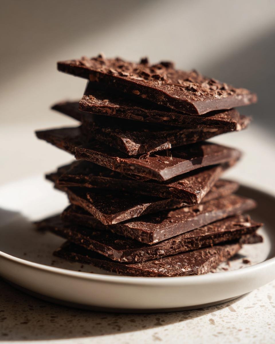 Stapel von dunklen, knusprigen Chocolate Crackers auf einem hellen Teller.