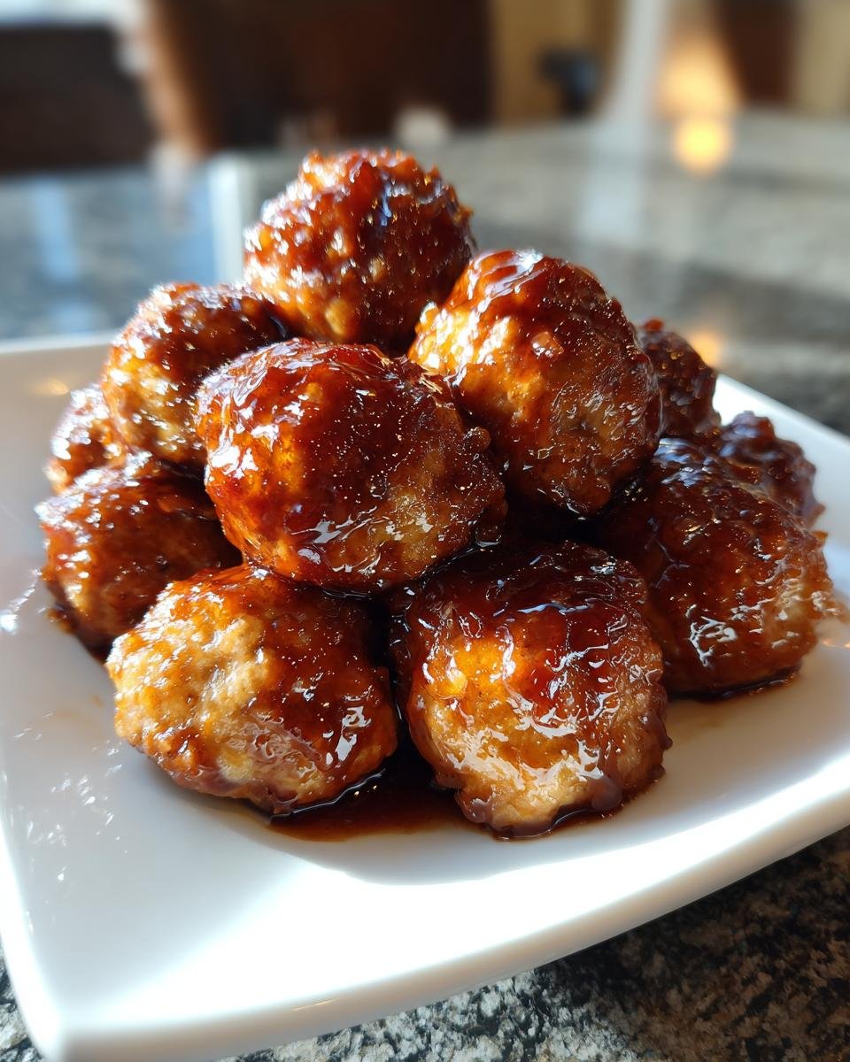 Nahaufnahme von saftigen Teriyaki Meatballs, glasiert mit dunkler Teriyaki-Sauce, gestapelt auf einem wei&szlig;en Teller.