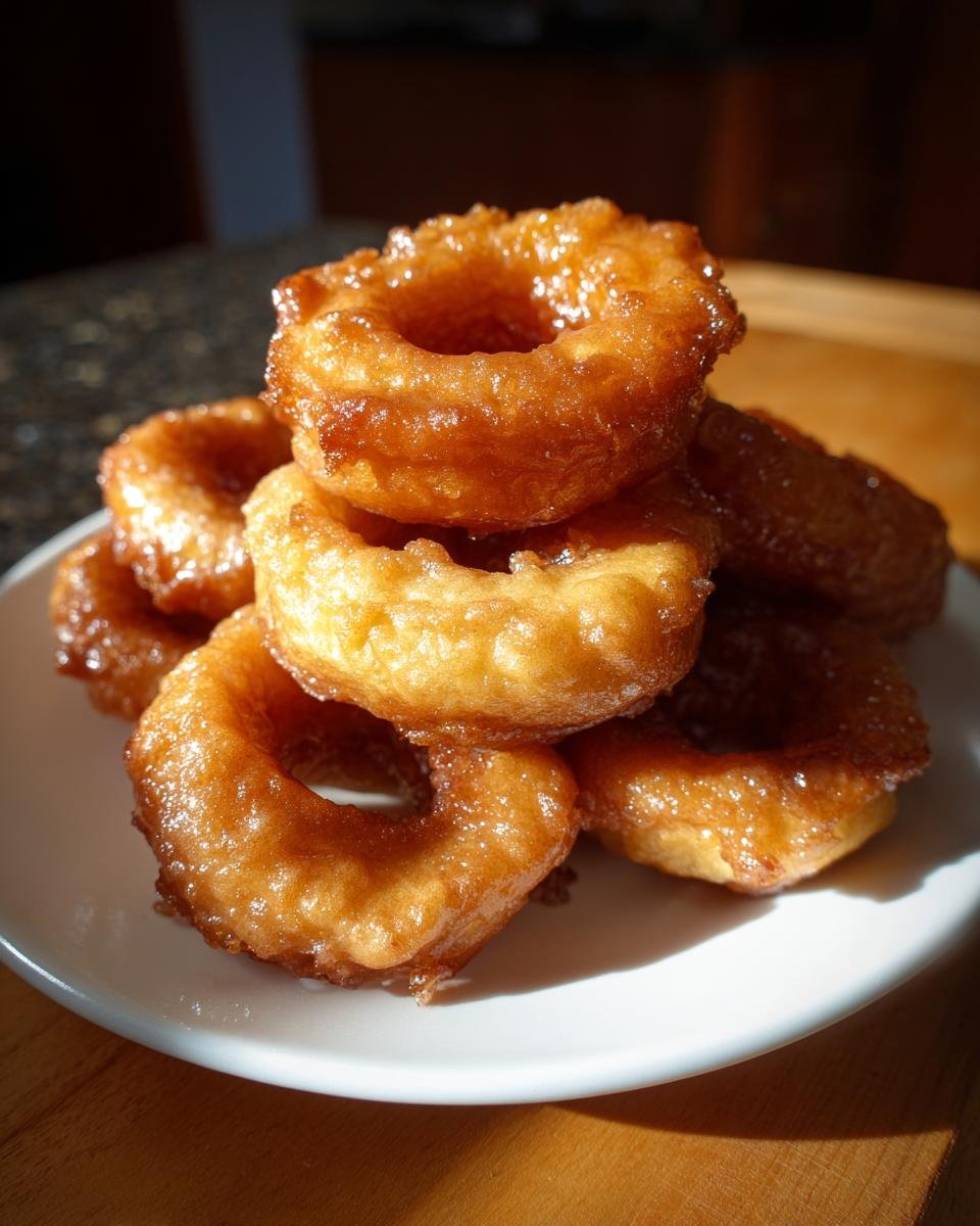 Ein Stapel goldbrauner, glasierter Apple Rings (frittierte Apfelringe) auf einem weißen Teller.