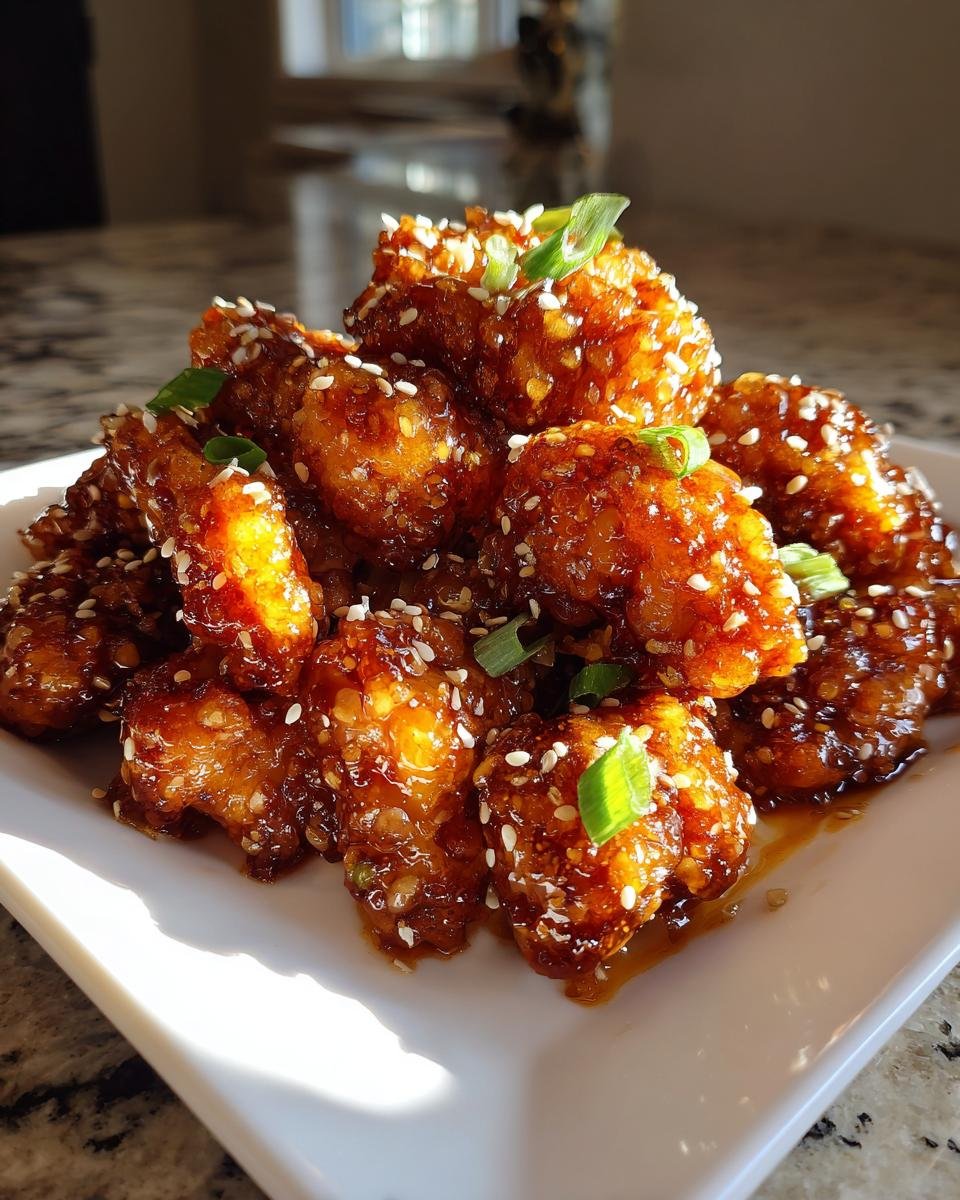 Nahaufnahme von glasiertem Sesam H&auml;hnchen, bestreut mit wei&szlig;en Sesamk&ouml;rnern und Fr&uuml;hlingszwiebeln.