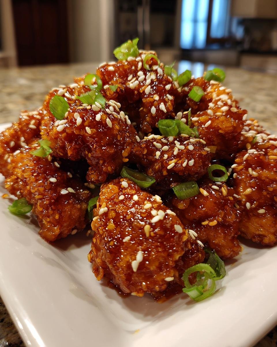 Nahaufnahme von knusprigem Sesam H&auml;hnchen in gl&auml;nzender Sauce, garniert mit Sesam und Fr&uuml;hlingszwiebeln.