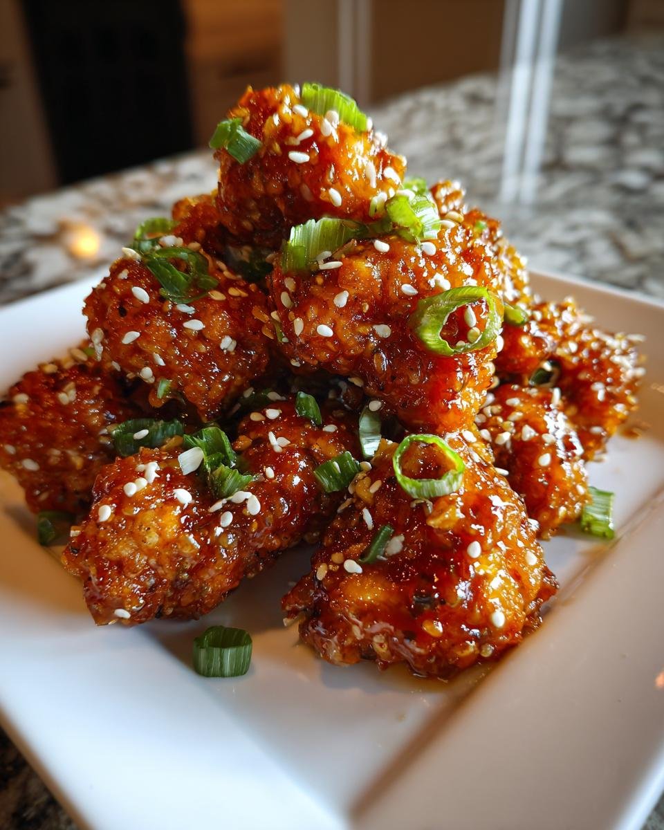 Nahaufnahme von glasiertem Sesam H&auml;hnchen, bestreut mit Sesam und Fr&uuml;hlingszwiebeln auf einem wei&szlig;en Teller.