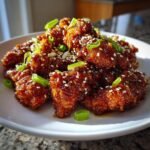 Nahaufnahme von glasiertem Sesam H&auml;hnchen, bestreut mit Sesamsamen und Fr&uuml;hlingszwiebeln auf einem wei&szlig;en Teller.